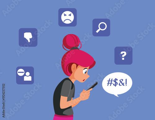 Anxious Teen Surrounded by Negativity on Social Media Vector Illustration.  An illustration of a teenager overwhelmed by online hate