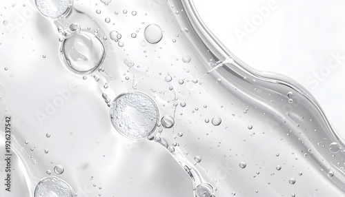 Transparent gel serum with bubbles and oil droplets clear cosmetic skincare product texture background for beauty treatment concept