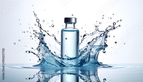 Vial splashing in clean water with dynamic splash effect showcasing liquid medicine for pharmaceutical advertising and healthcare promotion