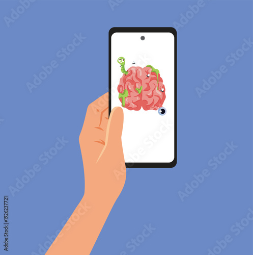 Person Consuming Brainrrot Content on her Phone Vector Illustration.  Character losing focus while mindless scrolling 
