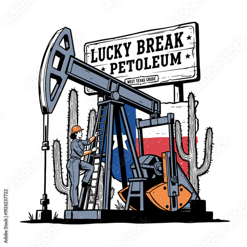 Vintage Texas oil derrick with worker and flag, retro petroleum pumpjack vector illustration for t-shirt design or emblem.
