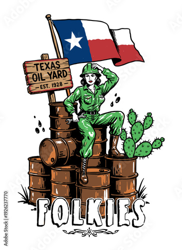 Retro Texas oil worker woman mascot illustration with state flag, oil barrels, and cactus for t-shirt design