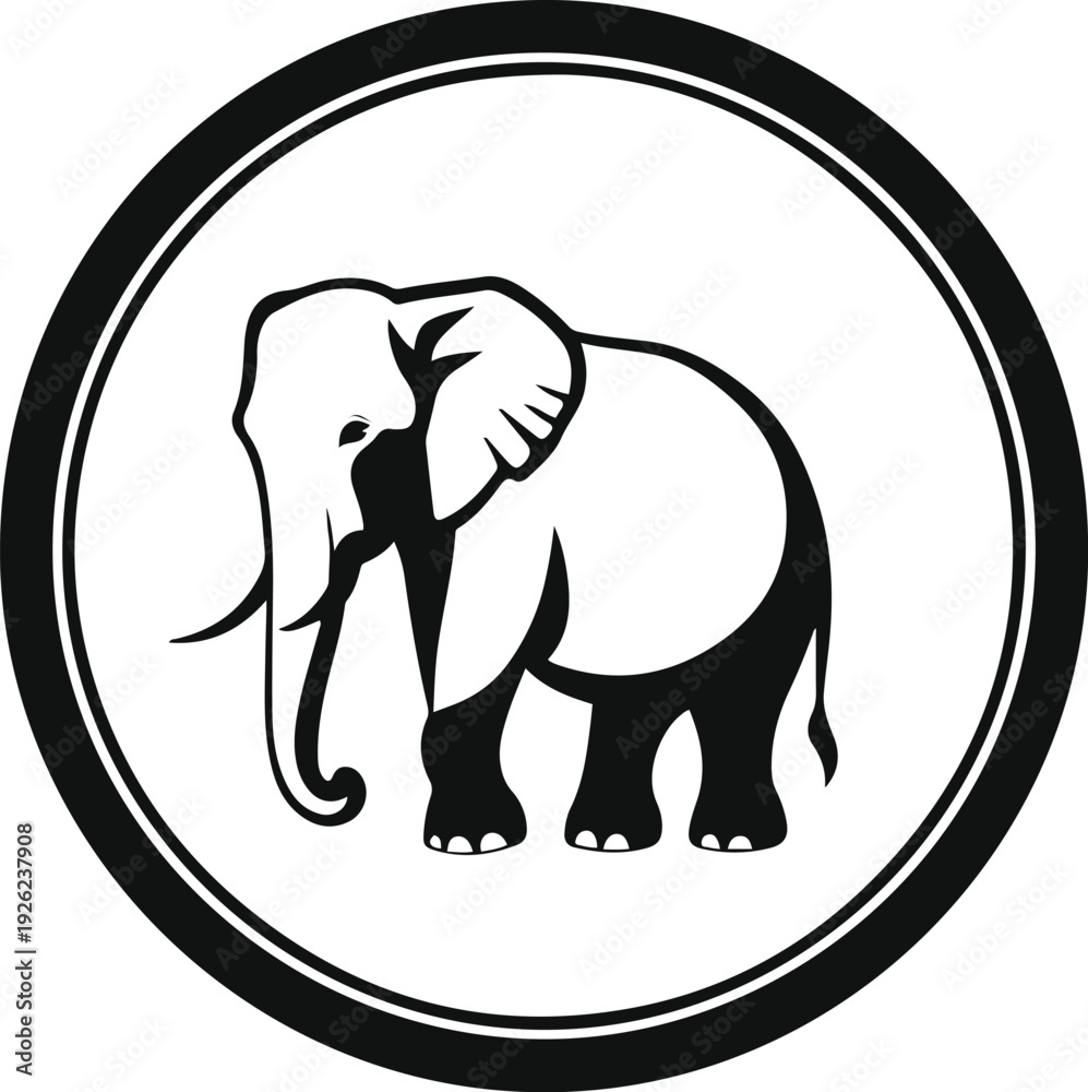 Obraz premium Pure black and white vector illustration of simplified elephant silhouette inside circular logo frame 3