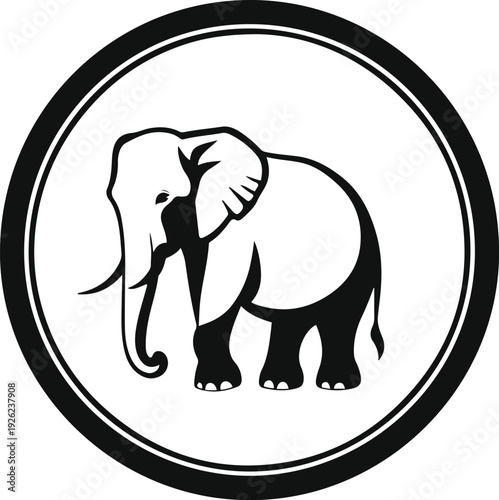 Pure black and white vector illustration of simplified elephant silhouette inside circular logo frame 3