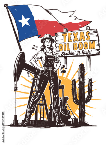 Vintage Texas Oil Boom graphic with pioneer woman, state flag, pumpjack, and cactus vector illustration for t-shirt design.