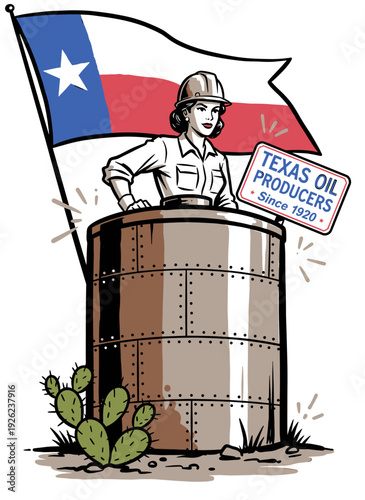 Vintage Texas oil producer woman in hard hat with flag and cactus, retro graphic vector illustration for t-shirt design and branding.
