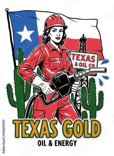 Фотография Retro Texas oil worker woman with gas nozzle, energy industry vintage mascot vector illustration for apparel design