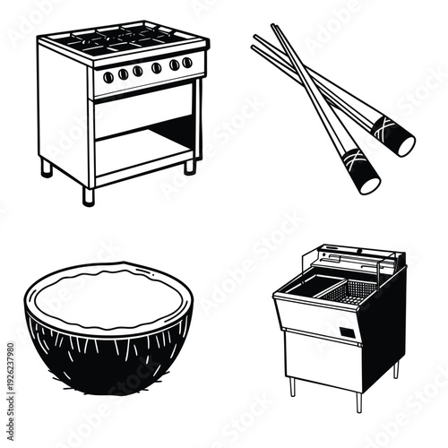 Professional Kitchen & Dining accessories line art illustration 