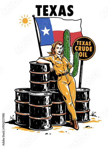 Foto Vintage Texas oil pin-up girl with flag and cactus, retro vector illustration for t-shirt design or poster