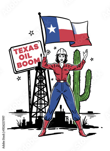 Canvas Print Retro Texas Oil Boom Illustration with Empowered Female Worker, Flag, and Rig