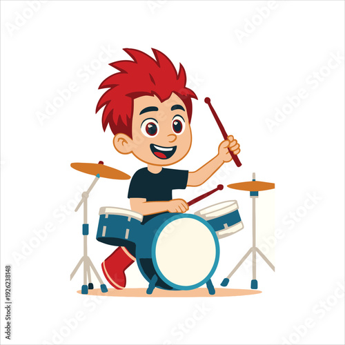Cartoon Child Playing Drum Set – Fun Music Illustration