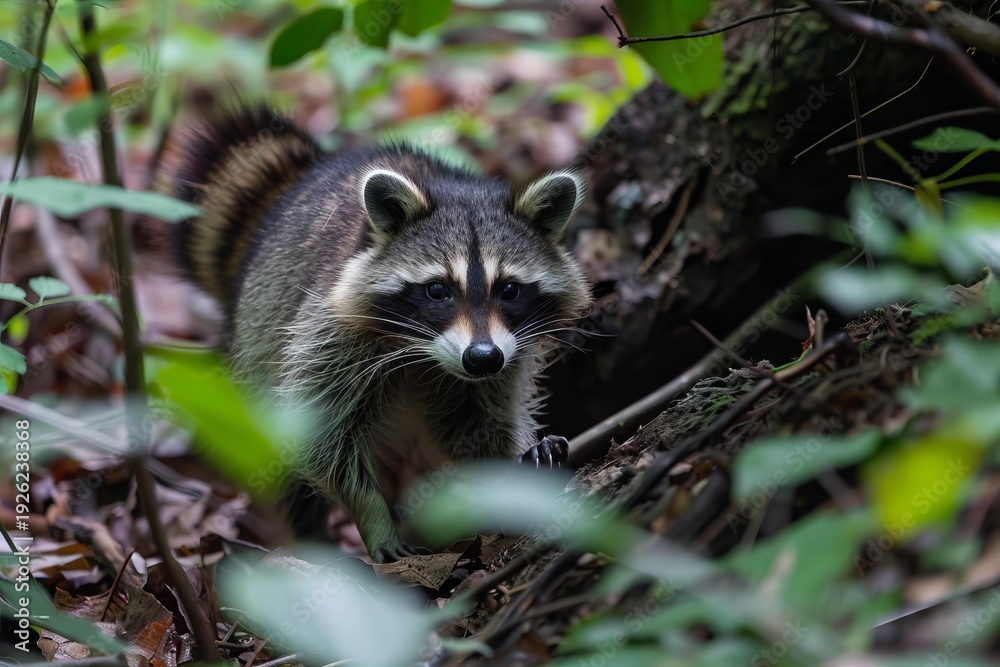 Obraz premium Raccoon walking through forest, exploring its natural habitat