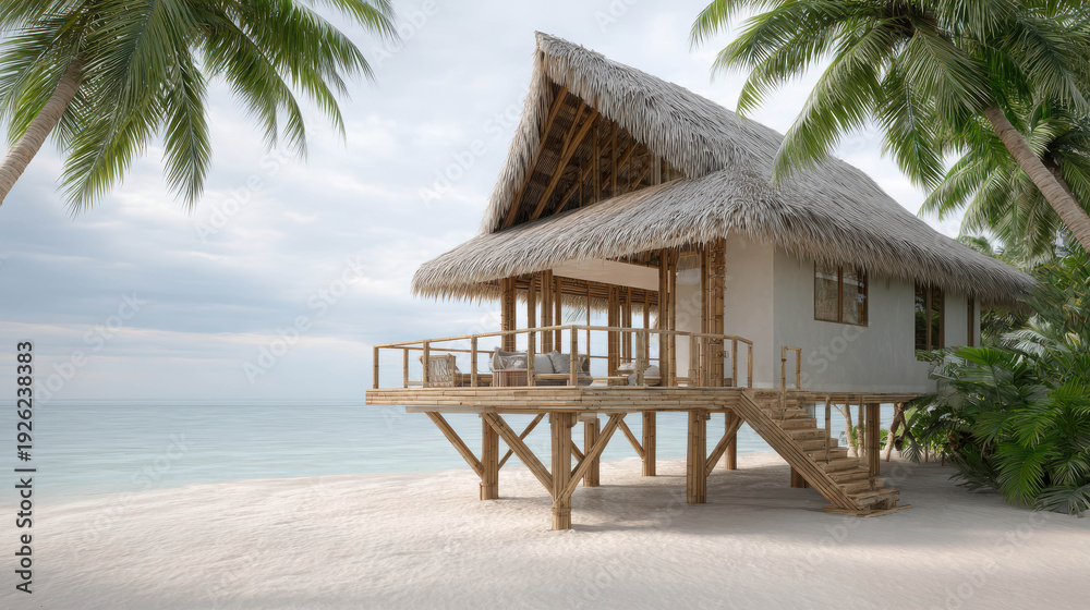 Fototapeta premium Elevated Beachfront Residence on Wooden Stilts Surrounded by Palm Trees