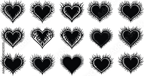Vector collection of black flaming heart silhouettes, featuring gothic fire hearts, burning love symbols, and tribal tattoo elements for romantic and alternative design