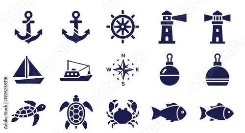 Nautical themed collection of marine life and maritime navigation symbols in dark blue color.