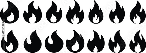 Set of simple black flame icons representing fire, symbolizing energy, passion, and power, isolated on white