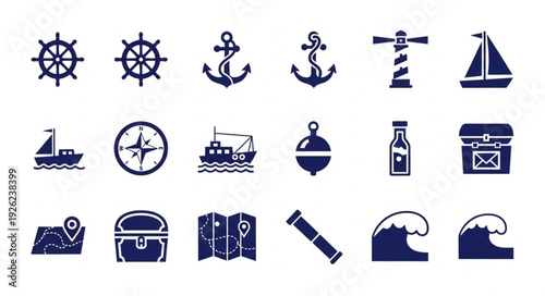 Collection of nautical themed icons representing various maritime elements and symbols.
