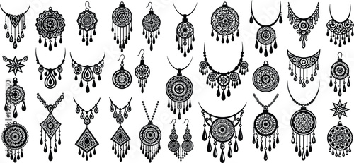 Vector collection of black jewelry silhouettes, featuring ethnic necklaces, bohemian earrings, mandala pendants, and ornate tribal accessories for fashion and craft design