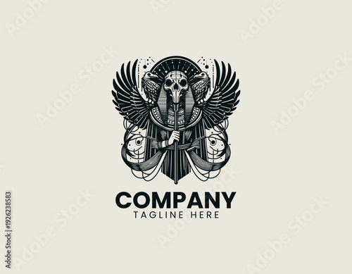 Ancient Egyptian bird skull figure holding ceremonial staff black vector logo illustration