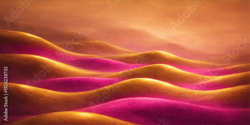 Abstract silk background featuring a smooth purple and gold satin fabric texture with soft wavy curves and a flowing motion design for an elegant textile backdrop