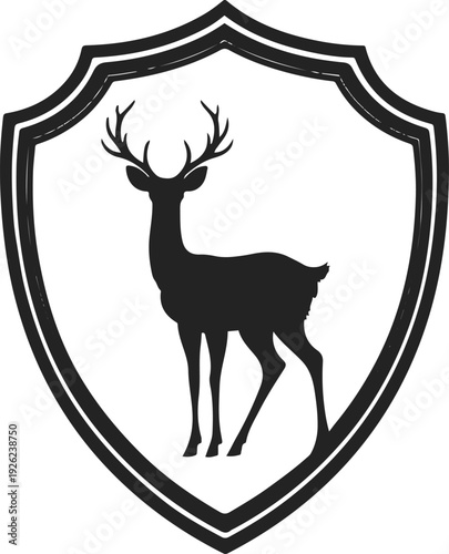 Pure black and white vector illustration of standing deer silhouette inside shield badge 2