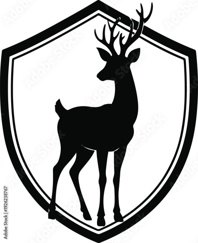 Pure black and white vector illustration of standing deer silhouette inside shield badge 1