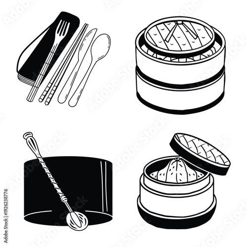 Asian Steaming & Travel Cutlery line art drawing