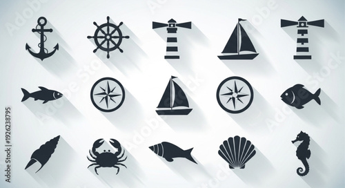 Nautical icons collection showcasing various maritime symbols and elements.