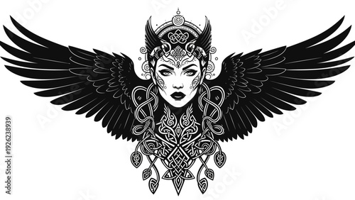 Valkyrie Warrior Woman with Raven Wings and Celtic Knot Ornaments