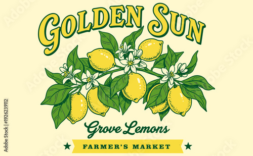 Fresh farmers market design. Sweet summer vibes artwork. Golden Sun Grove Lemons club design.