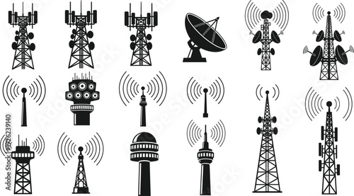 Vector collection of black communication tower silhouettes, featuring satellite dishes, radio antennas, cell towers, and signal transmitters for telecommunications