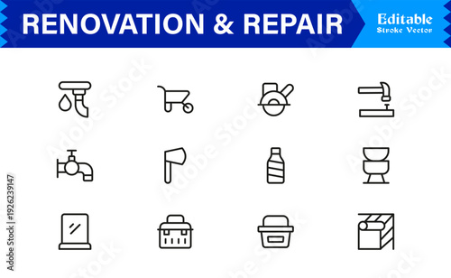 Professional Renovation And Repair Line Icon Set Featuring Modern Minimalist Design With Editable Pixel-Perfect Vector Icons For Construction And Home Improvement