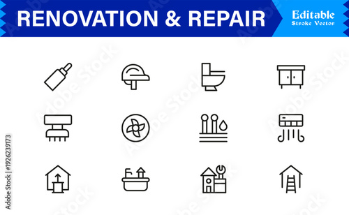 Professional Renovation And Repair Line Icon Set Featuring Modern Minimalist Design With Editable Pixel-Perfect Vector Icons For Construction And Home Improvement