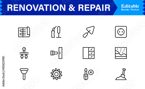 Professional Renovation And Repair Line Icon Set Featuring Modern Minimalist Design With Editable Pixel-Perfect Vector Icons For Construction And Home Improvement