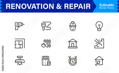 Professional Renovation And Repair Line Icon Set Featuring Modern Minimalist Design With Editable Pixel-Perfect Vector Icons For Construction And Home Improvement