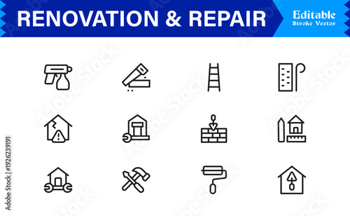 Professional Renovation And Repair Line Icon Set Featuring Modern Minimalist Design With Editable Pixel-Perfect Vector Icons For Construction And Home Improvement