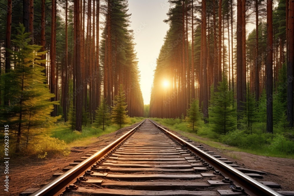 Fototapeta premium Railroad tracks lead into a sunlit pine forest, symbolizing journey and nature's path