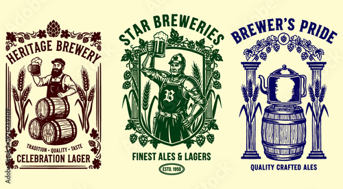 Vintage Brewery Logos Set. Craft Beer Emblems with Hops, Wheat, Barrels, Brewers, and Knight. Retro Design for Labels, Pubs, T-Shirts, Posters.