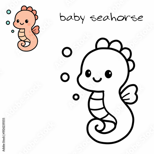 Cute Baby Seahorse Coloring Page for Kids Learning Activity Cartoon Line Art Illustration