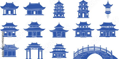 A collection of traditional chinese architectural structures and elements