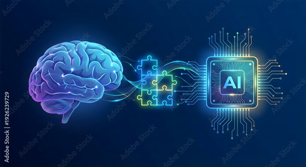 Fototapeta premium Human Brain Connecting to AI Microchip Through Glowing Puzzle Concept