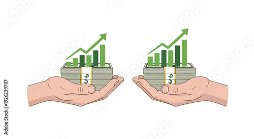 Hands holding money stacks with rising green bar charts symbolizing financial growth and investment