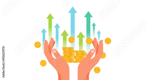 Hands holding rising coins and arrows, symbolizing financial growth and investment success