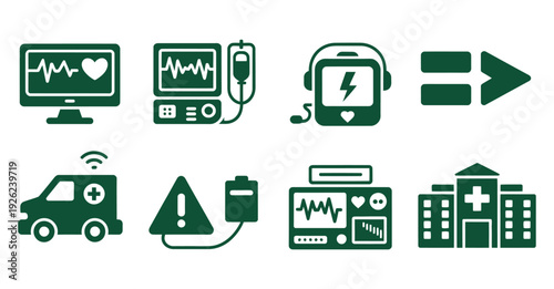 Set of Green Emergency and Medical Service Icons Flat Vector Symbols for Patient Monitoring, Ambulance Network, Alert Notifications, Dispatch Center, and Hospital Services for Healthcare Platforms
