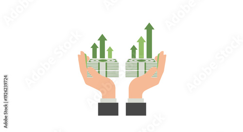 Hands holding stacks of money with green upward arrows indicating financial growth