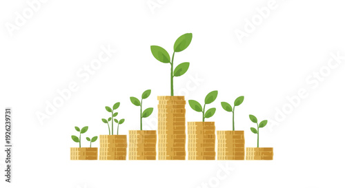 Money growth concept: coins stacked with growing green plants on white background