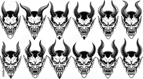 Demonic face silhouettes with horns and fangs, scary monster vector illustration, horror icons, dark fantasy design elements for stock graphics artwork