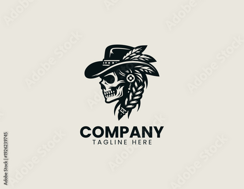 Skull wearing cowboy hat with feathers in clean modern western vector illustration style