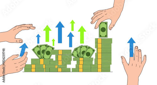 Teamwork Growing Money Stack, Investment Growth, Financial Success, Business Achievement