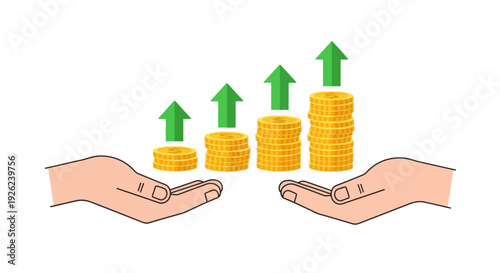 Hands holding growing money stacks with upward arrows, symbolizing financial growth and investment